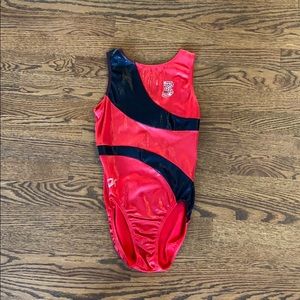 red GK Elite region 3 gymnastics leotard
